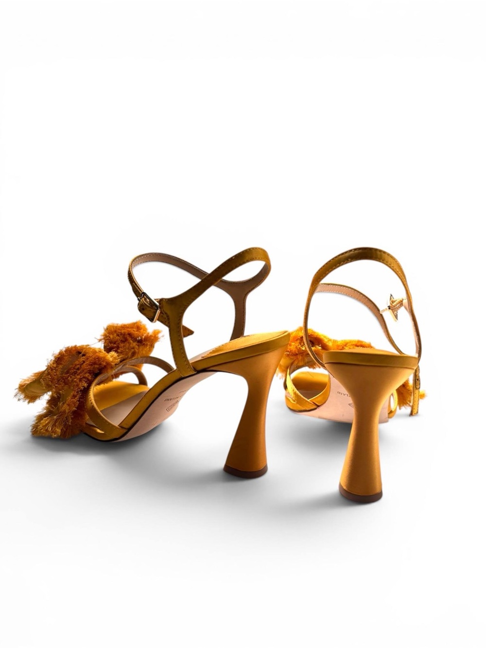 Antonio Melani Women Mustard Satin Fringe Bow Sandals Sculptural Heel Size 8 - Picture 12 of 13